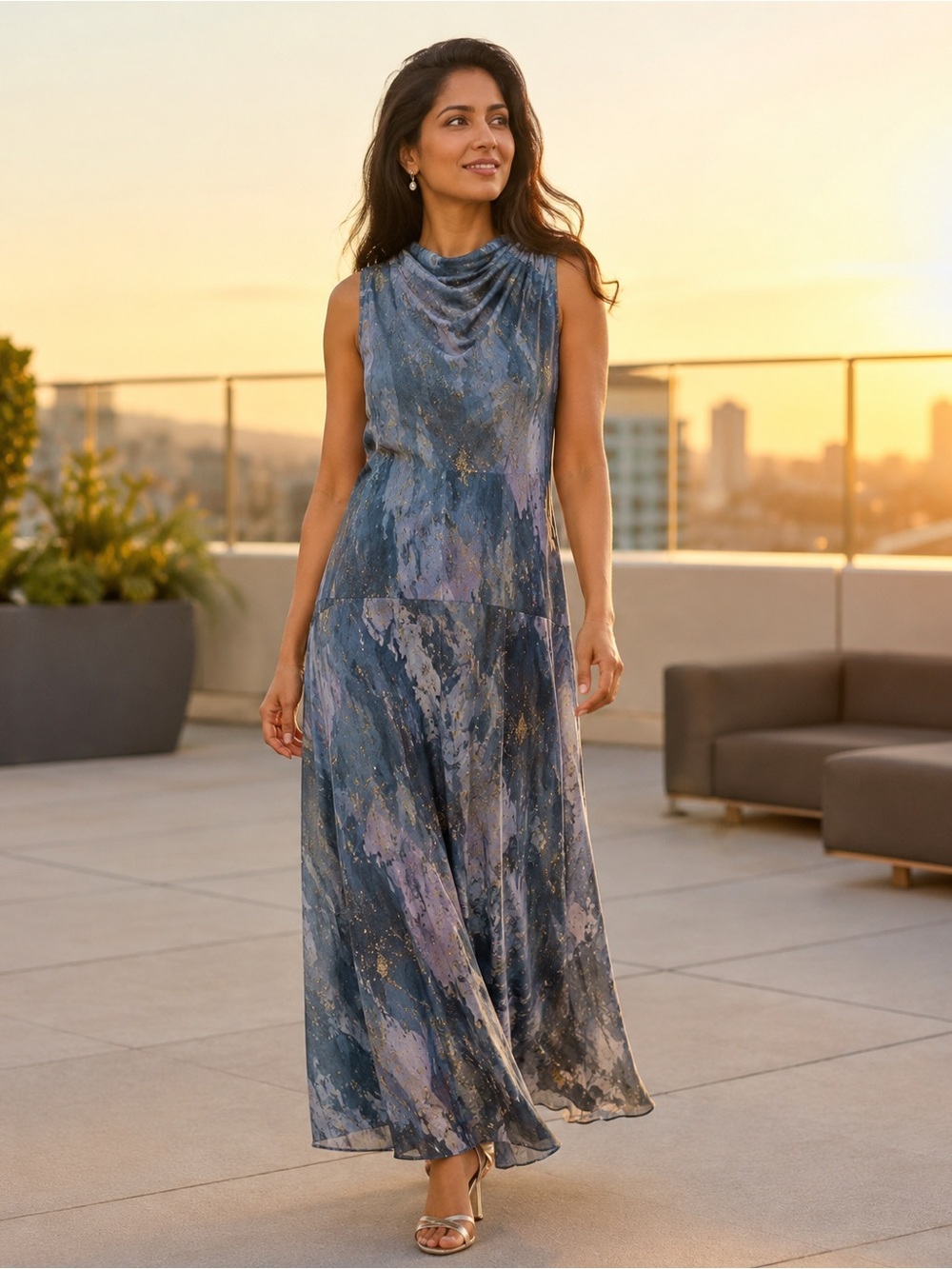 Donna Karan Slate Blue Marble-Print Sleeveless Cowl Maxi Dress